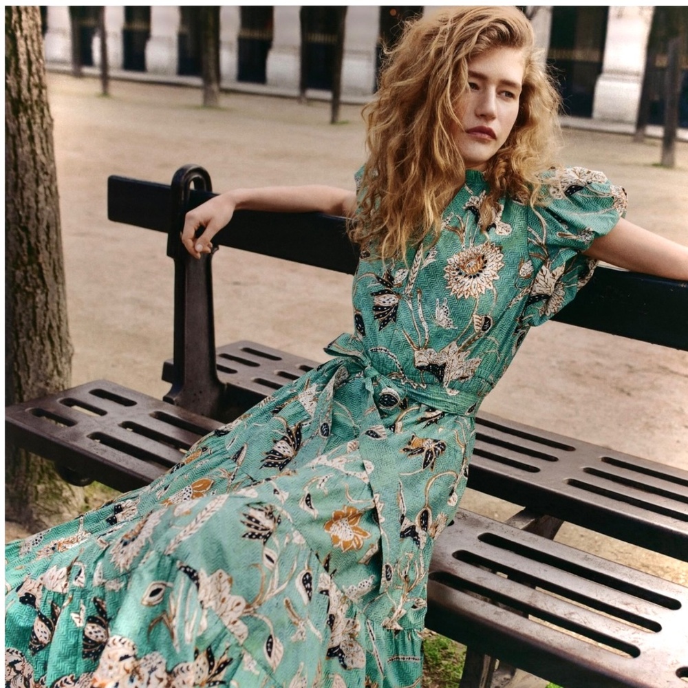Ulla Johnson Ottilie Seafoam V-Neck Puff Sleeve Midi Dress NEW  Sz US8 - Picture 2 of 9